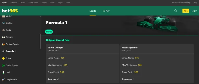 Bet365 Formula 1 Sports Betting